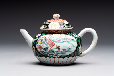 A Chinese famille rose teapot and stand, and a famille rose black-ground teapot, Yongzheng/Qianlong