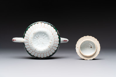 A Chinese famille rose teapot and stand, and a famille rose black-ground teapot, Yongzheng/Qianlong