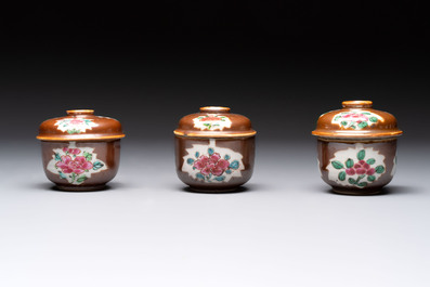 Seven Chinese famille rose capucin-brown-ground covered bowls, Qianlong