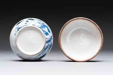 A varied collection of six Chinese blue, white, famille rose and iron-red wares, 19/20th C.