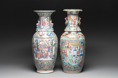 Two Chinese Canton famille rose vases with narrative design, 19th C.