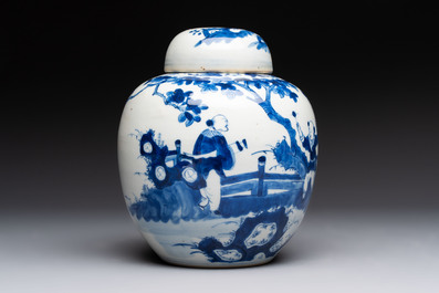 A pair of Chinese polychrome-decorated blue and white plates and a blue and white covered jar, Qianlong mark, 19th C.