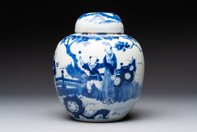 A pair of Chinese polychrome-decorated blue and white plates and a blue and white covered jar, Qianlong mark, 19th C.