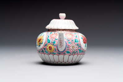 A Chinese famille rose teapot and stand, and a famille rose black-ground teapot, Yongzheng/Qianlong