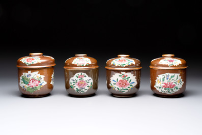 Seven Chinese famille rose capucin-brown-ground covered bowls, Qianlong