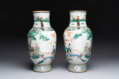 A pair of Chinese famille verte vases with narrative design, 19th C.