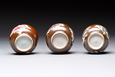 Seven Chinese famille rose capucin-brown-ground covered bowls, Qianlong