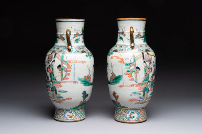 A pair of Chinese famille verte vases with narrative design, 19th C.