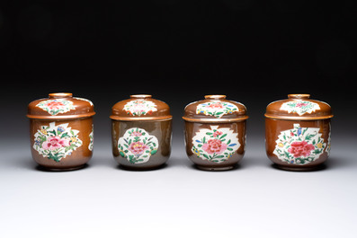 Seven Chinese famille rose capucin-brown-ground covered bowls, Qianlong