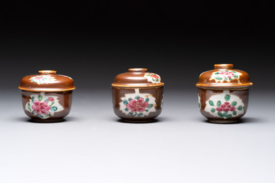 Seven Chinese famille rose capucin-brown-ground covered bowls, Qianlong