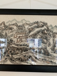 Huang Jusu 黃居素 (1897-1986): 'Mountainous landscape' and Chinese school: 'Pagoda', ink and colour on paper, dated 1969