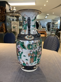 Seven Chinese Nanking blue and white and famille verte crackle-glazed vases, 19/20th C.