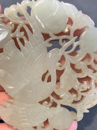 Two Chinese white and celadon jade 'crane' and 'deity' plaques, Qing