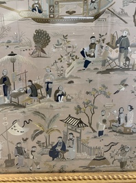 A very large Chinese beige-ground embroidered silk panel depicting scenes of Chinese rural life, 19th C.