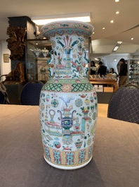A pair of Chinese Nanking famille verte crackle-glazed vases, a famille rose vase and a blue and white celadon-ground vase, Chenghua mark, 19th C.