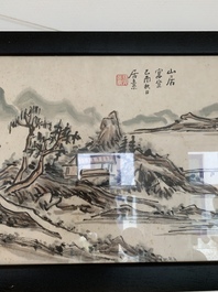 Huang Jusu 黃居素 (1897-1986): 'Mountainous landscape' and Chinese school: 'Pagoda', ink and colour on paper, dated 1969