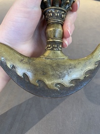 A Tibetan brass and iron kartika with incised dragon design, 19th C.