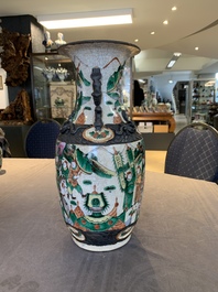 Seven Chinese Nanking blue and white and famille verte crackle-glazed vases, 19/20th C.