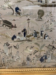 A very large Chinese beige-ground embroidered silk panel depicting scenes of Chinese rural life, 19th C.