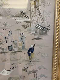A very large Chinese beige-ground embroidered silk panel depicting scenes of Chinese rural life, 19th C.