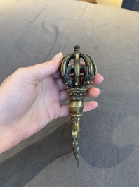 A Tibetan brass and iron kartika with incised dragon design, 19th C.