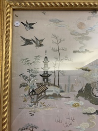 A very large Chinese beige-ground embroidered silk panel depicting scenes of Chinese rural life, 19th C.