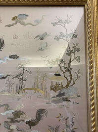 A very large Chinese beige-ground embroidered silk panel depicting scenes of Chinese rural life, 19th C.