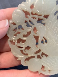 Two Chinese white and celadon jade 'crane' and 'deity' plaques, Qing