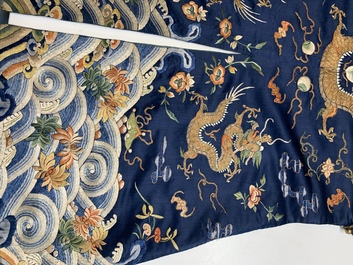 A Chinese gold-thread-embroidered blue-ground silk 'dragon' robe, 18/19th C.