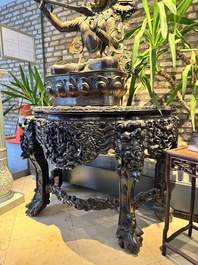 A finely carved Chinese hongmu console table with marble top, Canton, 19th C.