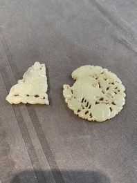 Two Chinese white and celadon jade 'crane' and 'deity' plaques, Qing