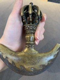 A Tibetan brass and iron kartika with incised dragon design, 19th C.