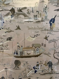 A very large Chinese beige-ground embroidered silk panel depicting scenes of Chinese rural life, 19th C.