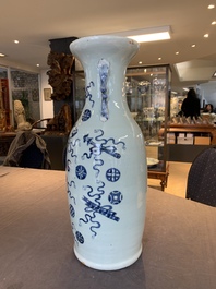 A pair of Chinese Nanking famille verte crackle-glazed vases, a famille rose vase and a blue and white celadon-ground vase, Chenghua mark, 19th C.