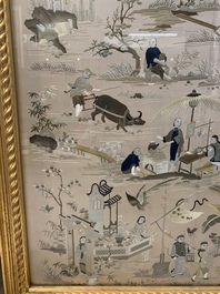 A very large Chinese beige-ground embroidered silk panel depicting scenes of Chinese rural life, 19th C.
