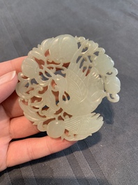 Two Chinese white and celadon jade 'crane' and 'deity' plaques, Qing