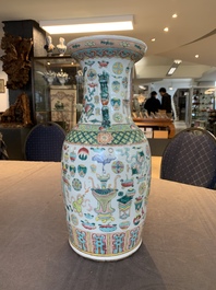 A pair of Chinese Nanking famille verte crackle-glazed vases, a famille rose vase and a blue and white celadon-ground vase, Chenghua mark, 19th C.
