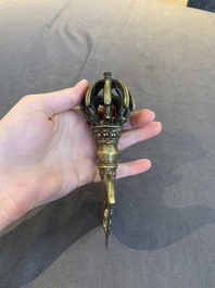 A Tibetan brass and iron kartika with incised dragon design, 19th C.
