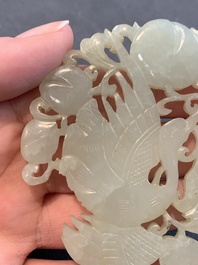 Two Chinese white and celadon jade 'crane' and 'deity' plaques, Qing