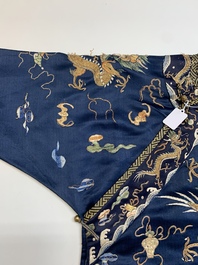 A Chinese gold-thread-embroidered blue-ground silk 'dragon' robe, 18/19th C.