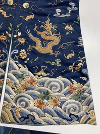 A Chinese gold-thread-embroidered blue-ground silk 'dragon' robe, 18/19th C.