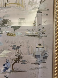 A very large Chinese beige-ground embroidered silk panel depicting scenes of Chinese rural life, 19th C.