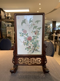 A Chinese wooden table screen with a famille rose plaque, Republic