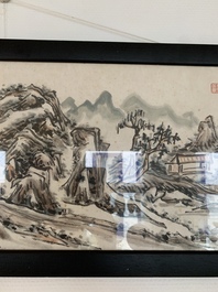 Huang Jusu 黃居素 (1897-1986): 'Mountainous landscape' and Chinese school: 'Pagoda', ink and colour on paper, dated 1969
