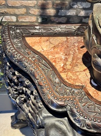 A finely carved Chinese hongmu console table with marble top, Canton, 19th C.