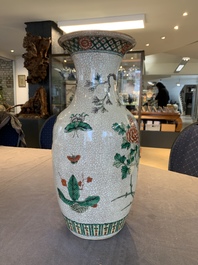A pair of Chinese Nanking famille verte crackle-glazed vases, a famille rose vase and a blue and white celadon-ground vase, Chenghua mark, 19th C.