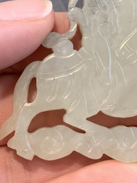 Two Chinese white and celadon jade 'crane' and 'deity' plaques, Qing