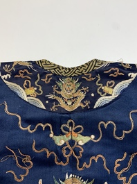 A Chinese gold-thread-embroidered blue-ground silk 'dragon' robe, 18/19th C.
