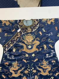 A Chinese gold-thread-embroidered blue-ground silk 'dragon' robe, 18/19th C.