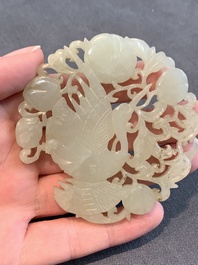 Two Chinese white and celadon jade 'crane' and 'deity' plaques, Qing